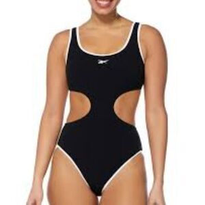 NEW L REEBOK MONOKINI CUT OUT ONE PIECE BIKINI BLACK WHITE SWIMSUIT LARGE NWT
